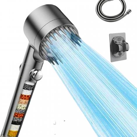 Pommeau de douche gris avec jet visible, filtre à billes en sulfite de calcium coloré + flexible PVC 1,5 pouce + base de fixation (1/3)