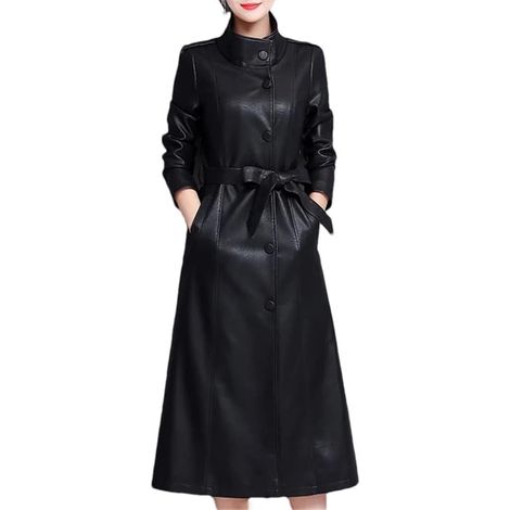 Trench long en cuir pour femme - Printemps et automne - Col montant - Simple boutonnage - Coupe ajustée - Vêtements d'extérieur en cuir fendu (1/5)