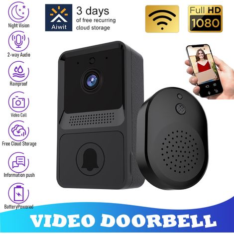 Visiophone sans fil, caméra de sonnette WiFi avec carillon, angle de vue 100°, Full HD 1080P, vision nocturne, audio bidirectionnel, stockage cloud, application Aiwit pour iOS et Android, noir (1/5)