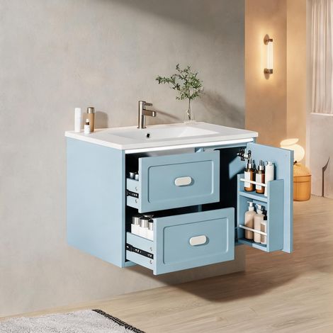 Meuble sous vasque suspendu 76 x 46 cm bleu 2 tiroirs silencieux (1/5)