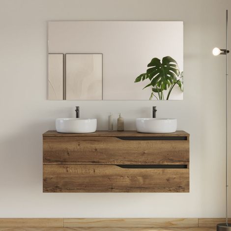 Meuble de salle de bain 120cm avec plateau et 2 vasques à poser Ares - 2 tiroirs - tabaco (chêne foncé) - LUNA (1/5)