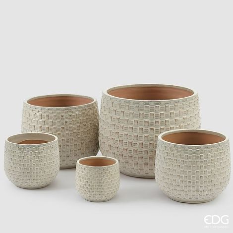 EDG Enzo De Gasperi Vaso Cachepot Bombato a Riquadri Ceramica Avorio – Set 5 Pezzi (1/5)