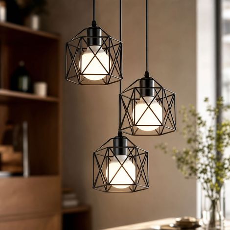 Suspension 3 lumières style campagne, fer forgé noir géométrique. Hauteur réglable 150cm, culot E27. (1/4)