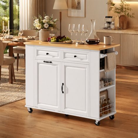 Isla de cocina móvil con enchufe, tablero abatible 120x40-70x92 cm, blanco, MDF, FloraGrace (1/5)