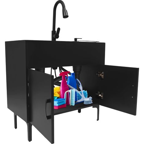 Évier de cuisine 81 x 43 x 78 cm avec robinet extensible et armoire, Évier autoportant pour cuisines, restaurants, magasins de desserts, cafés (noir)