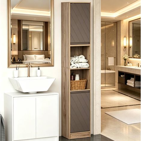 Colonne salle de bain 30x24x170 cm en bois gris, gain de place pour petit espace FloraGrace (1/5)