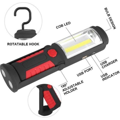 Lampada da lavoro a LED ricaricabile con base magnetica, torcia a LED COB da 2200 mAh, 650 lm, 3 W, per auto, garage, officina, campeggio, fai da te (rosso), Sunny (1/5)