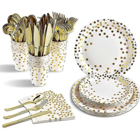 Service de vaisselle jetable blanc et or 175 pièces en papier blanc (1/4)