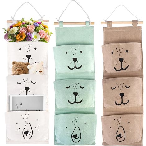 Organizador de pared de 3 piezas con 3 bolsillos, bolsas de tela colgantes de 60 x 20 cm, organizador de pared para habitación infantil, baño, cocina y dormitorio (gris, blanco, verde). (1/5)
