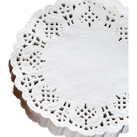 150 serviettes rondes en papier blanc à motif dentelle, jetables, ajourées et absorbantes pour l'huile, idéales pour les aliments frits, les pizzas, les desserts et les gâteaux. (1/5)