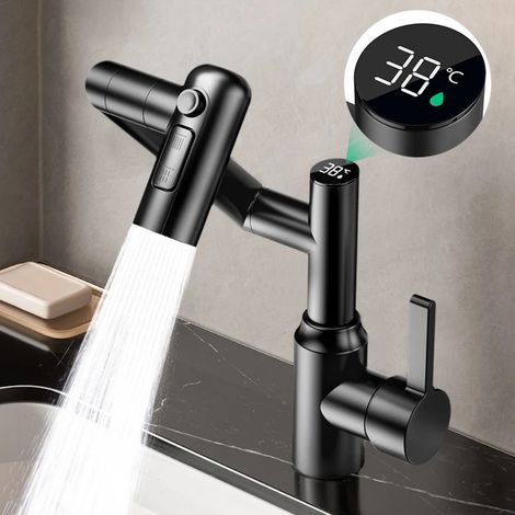 Robinet en acier inoxydable pour lavabo de salle de bains, bras articulé multifonctionnel, eau chaude et froide, affichage numérique, rotation omnidirectionnelle (1/2)