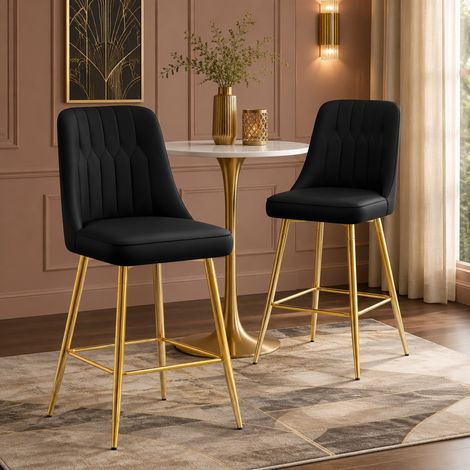 2er-Set Barhocker mit Rückenlehne, 100 cm, schwarzes PU, goldenes Metall, OKWISH (1/5)