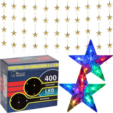 Cortina de luces de 3x2 m con 50 estrellas, decoración navideña, 400 LED, blanco cálido/multicolor. (1/5)