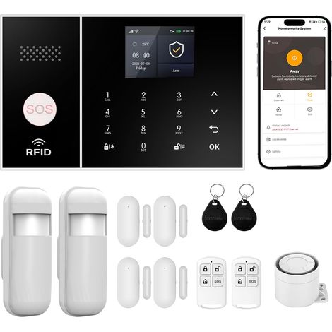 1 Système d'Alarme sans Fil,Connectivité 4G GSM WiFi,Détecteur Mouvement PIR,Capteurs Porte Fenêtre,Maison Appartement