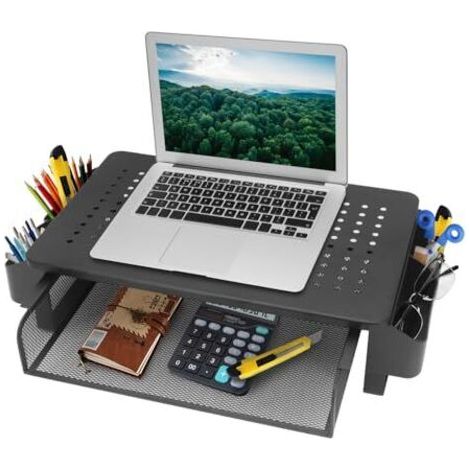 Support d'écran réglable avec tiroirs et paniers, gestionnaire de bureau pour ordinateurs de bureau, ordinateurs portables, iMac, PC, imprimantes, support d'écran pour la maison et le bureau (1/5)