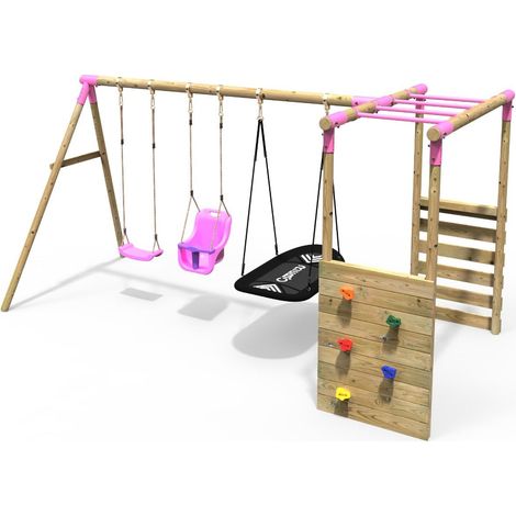 Rebo Wooden Children's Garden Swing Set with Monkey Bars - Triple Swing - Halley Pink (1/5)