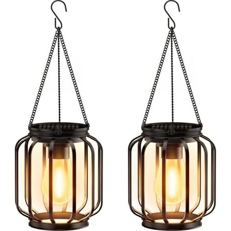 Garden Solar Lights for Outdoor Hanging, Pack of 2 Solar Lanterns for Outdoor Use with Large LED Bulb, IP65 Waterproof Metal Solar Lights for Outdoor, Patio, Lawn, Balcony, Yard, Garden (1/5)