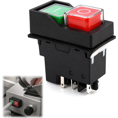 Interrupteur d'arrêt d'urgence KJD17 5 broches 16A 250V pour bétonnière électrique, Interrupteur de sécurité avec bouton-poussoir vert, protection contre les surtensions et coupures de courant (1/5)