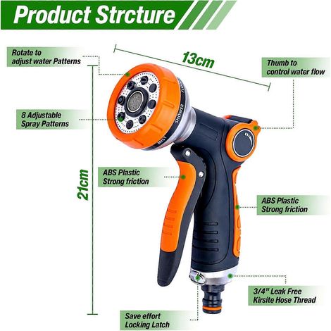 Garden Hose Spray Gun, 8 Adjustable Patterns High-Pressure Hose (1/2)