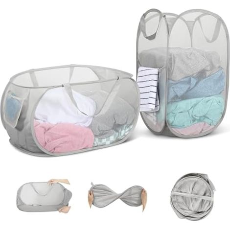 Lot de 2 Panier A Linge Pliable en Maille avec Poignées, Grande Capacité (34  34  60cm/28  33  59cm) Panier Linge Pliable, pour Salle de Bain, Camping et Voyage (1/5)