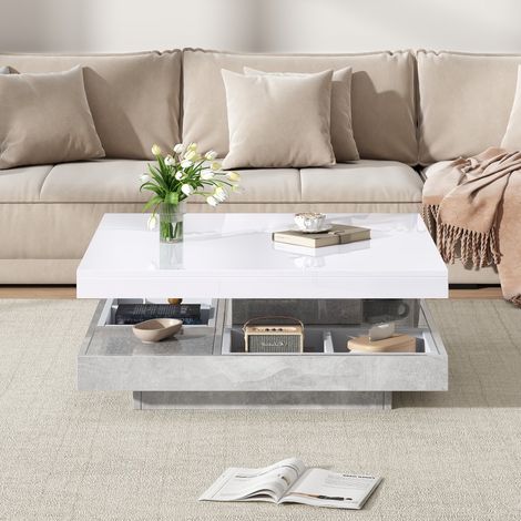 Table basse fixe double fonctionnelle-Plateau laqué tournant 360°-Pivotant avec rangement-Mélaminé couleur marbre-70x70x36(cm) (1/5)