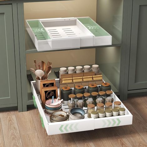 Set of 2 Extendable Kitchen Sliding Drawers, Sliding Cupboard Tray, Telescopic Drawers, 32-52 cm Width, 50 cm Depth, Self Adhesive or Screw Attachment, White (1/5)