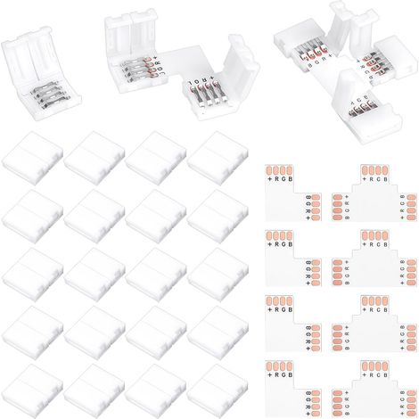 28 PCS Connecteur Ruban Led 4 Broches Pour Led Rgb Smd5050 10 mm, Ruban Led Avec Jonction, Connecteurs Sans Soudure pour Bandes, Éclairage Intérieur et Bureaux (1/5)