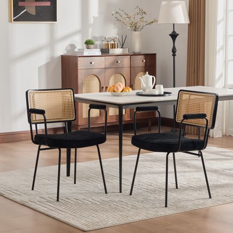 Lot de 2 Chaises avec Accoudoirs - Tissu Chenille Noir et Dossier Cannage - Assise Rembourré, Pieds Métal Réglables - Design Mid-Century (1/5)