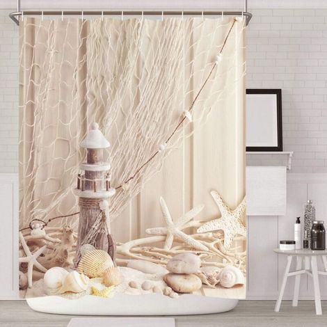 Rideau de douche textile en tissu avec anneaux - 200x 200 cm - Motif coquillages - Impression numérique - Polyester - Anti-moisissure - Beige (1/5)