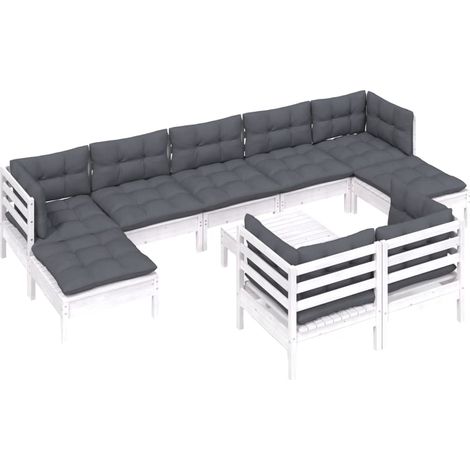 vidaXL Set Divani da Giardino 10 pz con Cuscini Bianchi Legno di Pino (1/4)