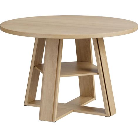 BALOVEBY - Table Ronde 110cm, 4-6 Pers. Pied Central Renforcé, Étagère Rangement, Table de Salon, Anti-Éclaboussures, Stable, Bois Naturel (1/4)