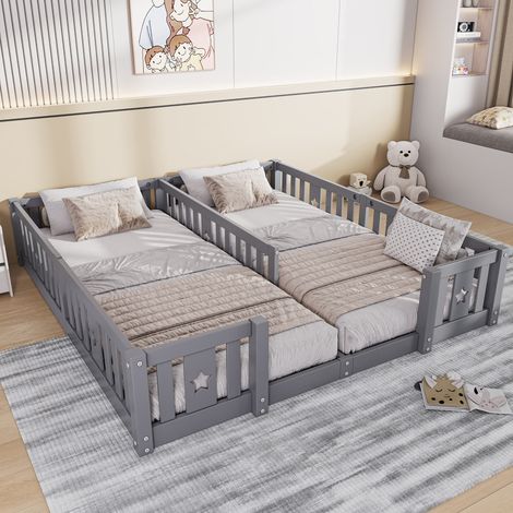 Lit Enfant Double 180x200 cm en Bois Massif,barrière et motif étoiles,lit au sol,Protection anti-chute,pour les familles à deux enfants,Cadre de lit,Avec sommier à lattes,Gris (1/5)