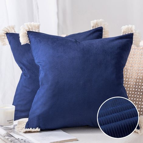 Fundas de cojín cuadradas de terciopelo de pana suave Phantoscope con borlas de algodón, color liso, ideales para decorar el sofá, 45 x 45 cm, azul marino, paquete de 2