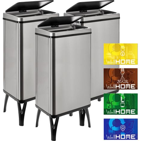 WELLHOME 3 cubos de Basura inteligente GRIS de 50L c/u -35,5x26x83,5 cm con etiquetas magnéticas - "SENSOR BINS" (1/5)