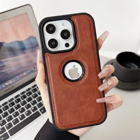 Étui de téléphone professionnel en cuir PU marron pour iPhone (iPhone 14 Plus), fabriqué en cuir de vachette, résistant aux chocs. (1/4)
