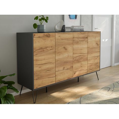 Design Sideboard Kommode Rana 155cm 4 Softclose Türen Grafit/Eiche Front (1/5)