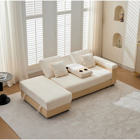 Sofá cama (217x110x90 cm), respaldo reclinable en 3 posiciones, con almacenaje, chenilla beige (1/5)