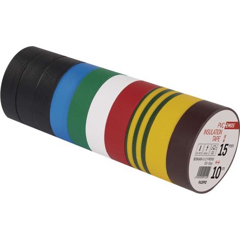 EMOS PVC-Isolierband Mix 10er Pack, 15mmx10m, 0,13mm Bandstärke, selbstklebend, UV-beständig, wasserdichte Verbindung, F615992 (1/5)