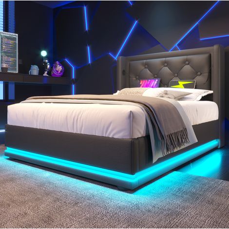 Lit simple capitonné moderne 90x200 cm noir PU avec tête de lit, coffre hydraulique, LED et ports USB/Type-C (1/5)