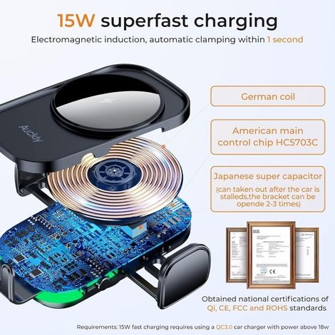 15W Qi-Wireless-Autoladegerät, [Elektromagnetische Richtung] Schnelles automatisches kabelloses Autoladegerät mit Saugnapf-Autohalterung für iPhone 12 Pro, Samsung, Huawei und alle Qi-kompatiblen Gerä (1/4)