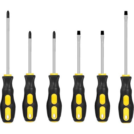 Lot de 6 tournevis à pointe magnétique avec poignée antidérapante, 3 tournevis cruciformes et 3 tournevis plats à fente - Kit de prise en main rembourrée - Acier S2 brillant - Bi-matière (1/5)