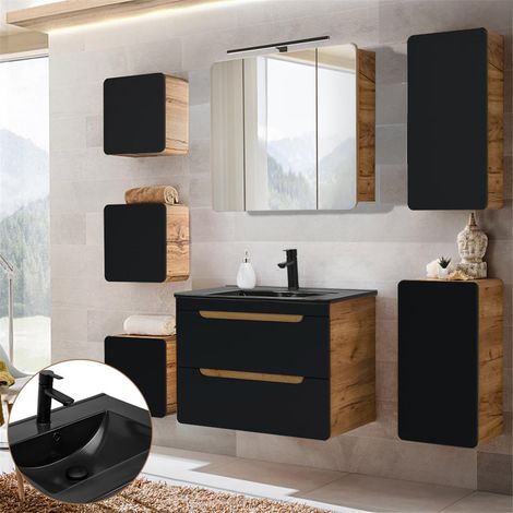 Badmöbel Komplettset in seidenmatt anthrazit mit Wotan Eiche Nb. NEW-LUTON mit 81 cm Keramik-Waschtisch & LED-Spiegelschrank, B/H/T ca. 180/200/46 cm (1/5)
