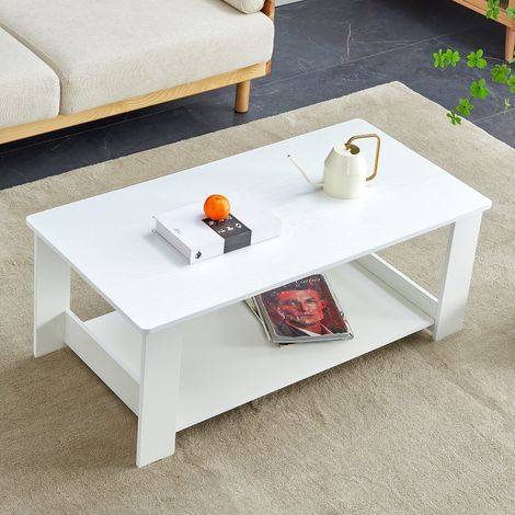Table basse blanc carrée , compacte pour petit salon, 2 niveaux de rangement, MDF blanc à grain bois - 110cm (1/5)