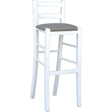Taburete de madera lacada en blanco con asiento símil piel gris tórtola h 80 cm (1/5)