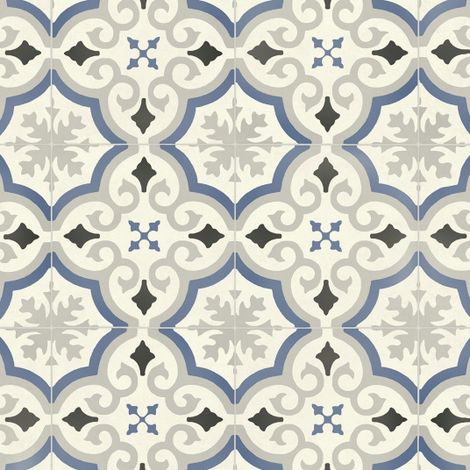 Sol PVC Textile motif carreaux de ciment Bleu et gris - Rouleau de 3m x 6m