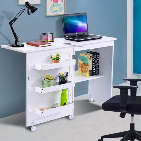 COSTWAY Faltbarer Naehschrank Naehtisch Naehmaschinentisch Naehmaschinenschrank Mehrzwecktisch Schreibtisch Arbeitstisch auf Rollen weiss (1/5)