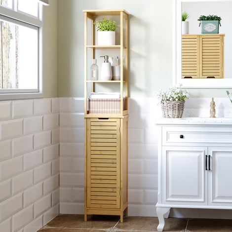 Armoire de salle de bain en bambou naturel 34 x 30 x 173 cm avec 3 étagères ouvertes et 1 placard (1/5)