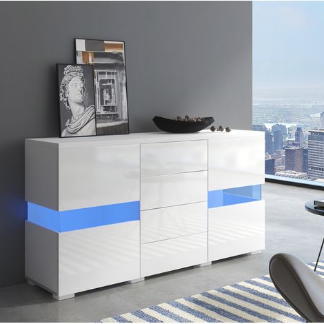 Mueble TV 140 x 35 x 72 cm con LED de 16 colores, MDF blanco HAVRYA (1/5)