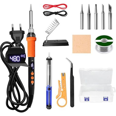 Soldering Iron 90W LCD Heating 10s 180-480°C Kit 15-in-1 with 5 Tips Tin Desoldering Pump for Electronics, PCB, DIY (1/5)