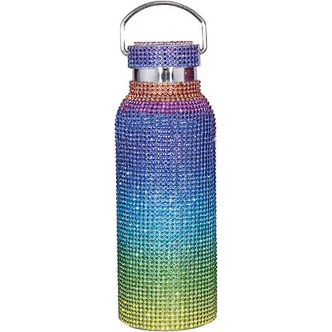Wasserflasche mit Diamantschliff, funkelnden Strasssteinen, Edelstahl-Thermoskanne, 100 % neu, Regenbogenfarben